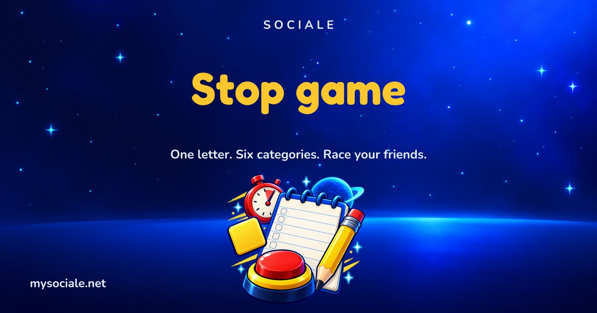 Stop game online on Sociale: a notepad of categories, a pencil, a stopwatch and the red Stop button