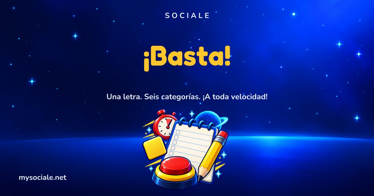 Basta online en Sociale: libreta con categorías, lápiz, cronómetro y el botón rojo de ¡Basta!