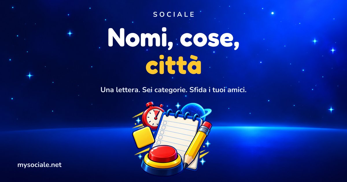 Nomi, cose, città online su Sociale: taccuino con le categorie, matita, cronometro e pulsante rosso dello Stop