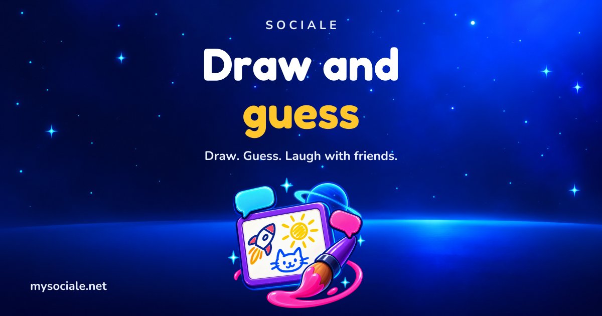 Draw and guess online on Sociale: a drawing board with a rocket, a sun and a cat, a brush and chat bubbles