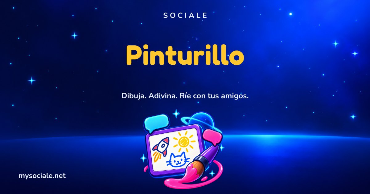 Pinturillo online en Sociale: pizarra con un cohete, un sol y un gato dibujados, un pincel y burbujas de chat