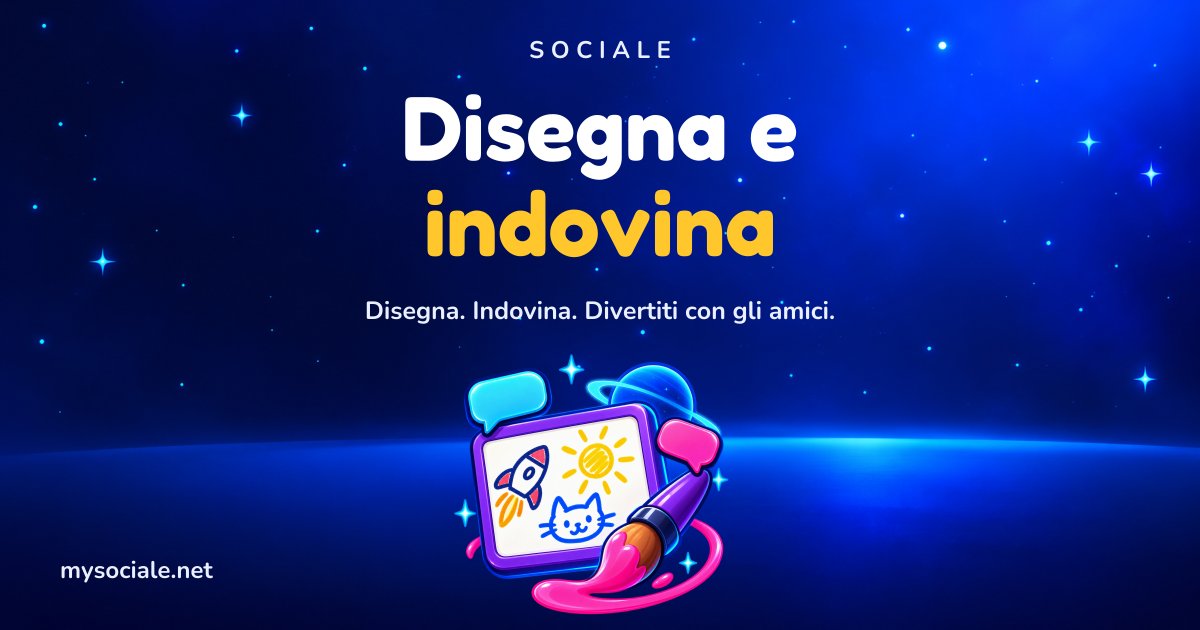 Disegna e indovina online su Sociale: lavagna con un razzo, un sole e un gatto disegnati, un pennello e fumetti di chat