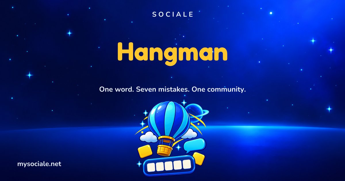 Hangman online on Sociale: a hot-air balloon above the empty letter tiles of the word
