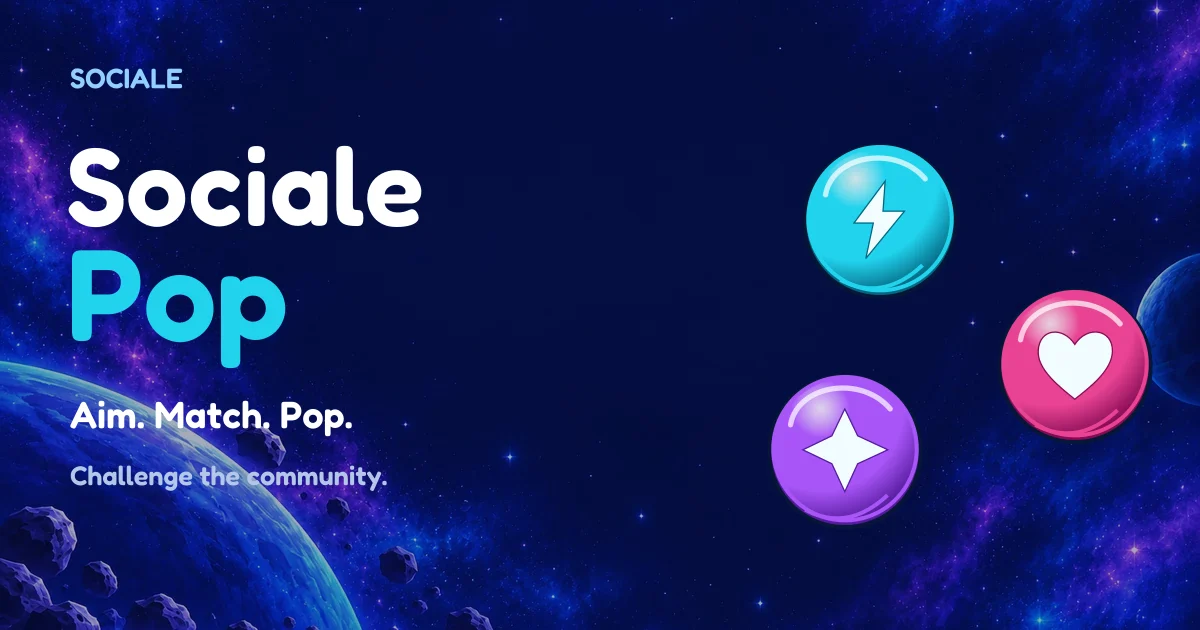 Sociale Pop bubble shooter online: three glossy bubbles in cyan, pink and purple over a starry sky
