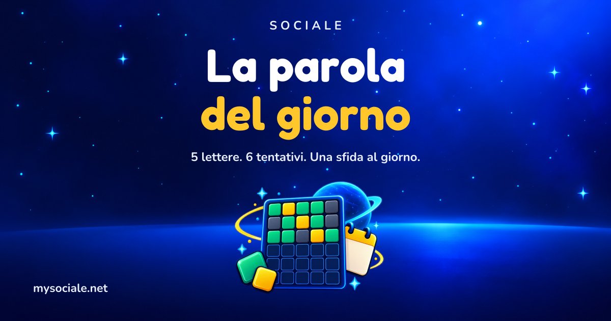 La parola del giorno di Sociale, Wordle in italiano: griglia da 5 caselle per riga in verde, giallo e grigio accanto a un calendario