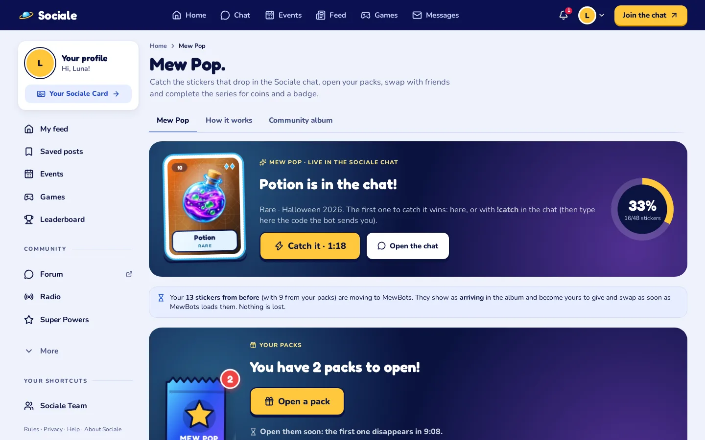 La pagina di Mew Pop su un computer