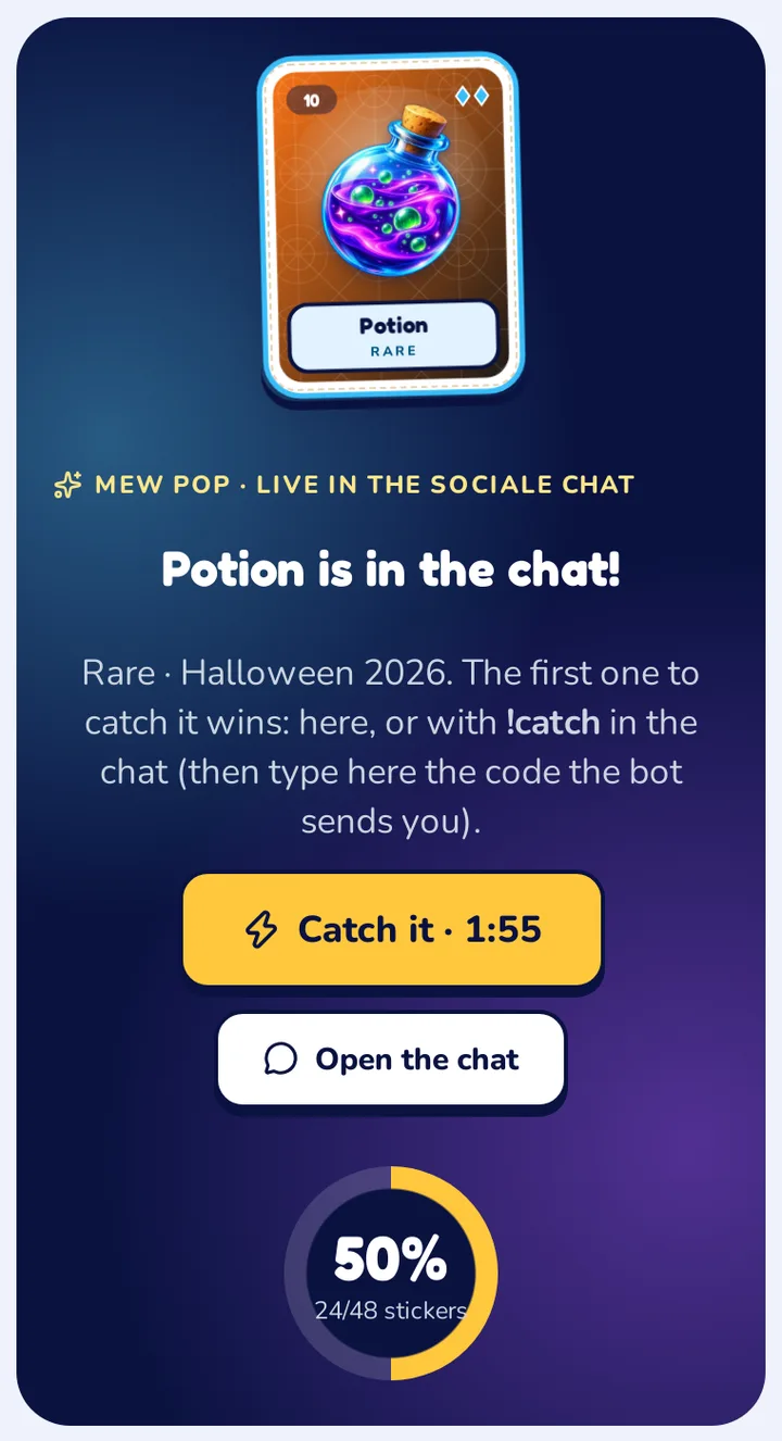 La pagina di Mew Pop con una figurina in chat e il pulsante Catch it