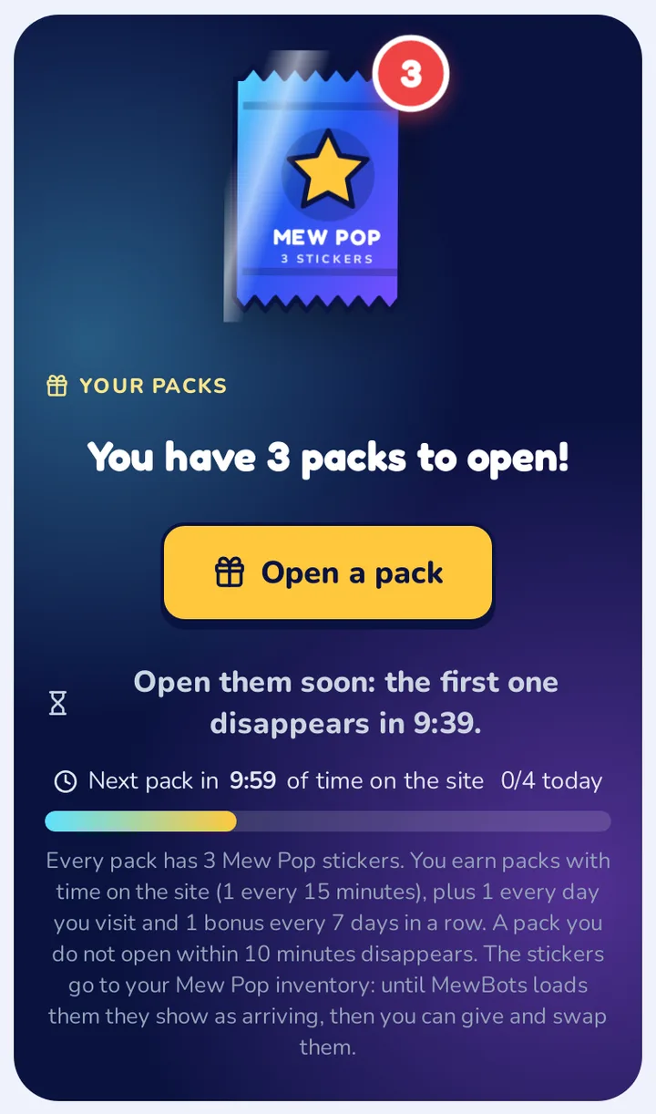 Le tue bustine: quante ne hai, il pulsante Open a pack e il tempo che resta