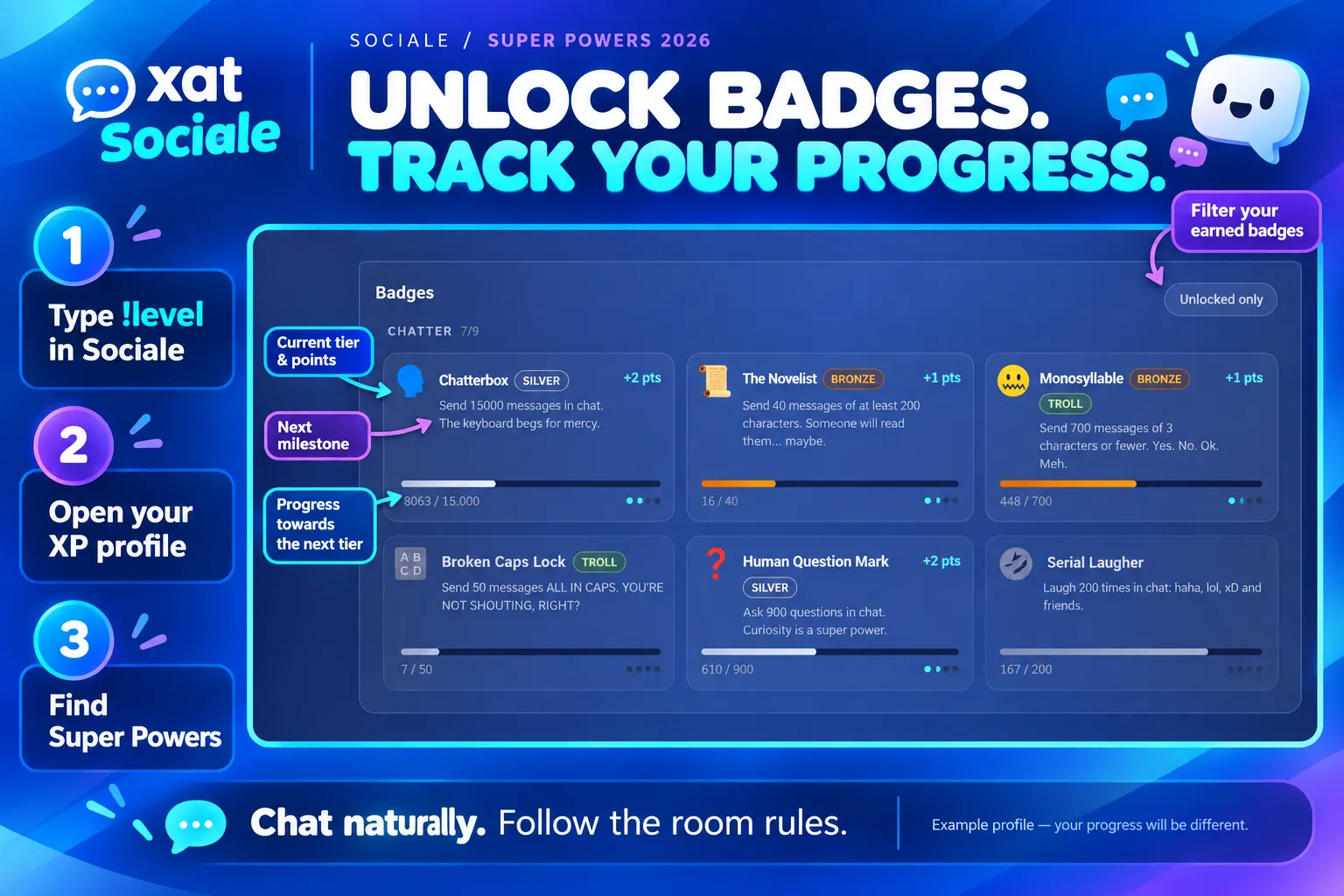 How to open your profile with !level and track badge progress