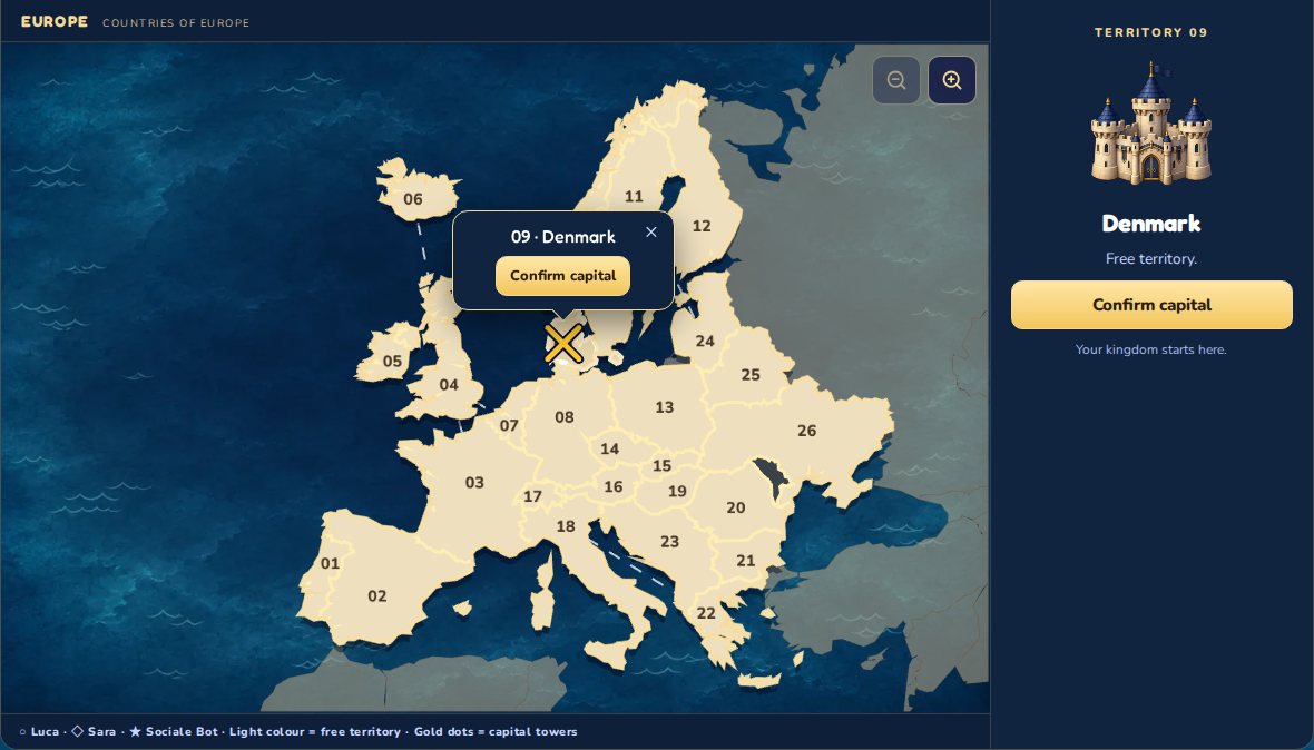 Choosing the capital: the X on the territory and the Confirm capital button