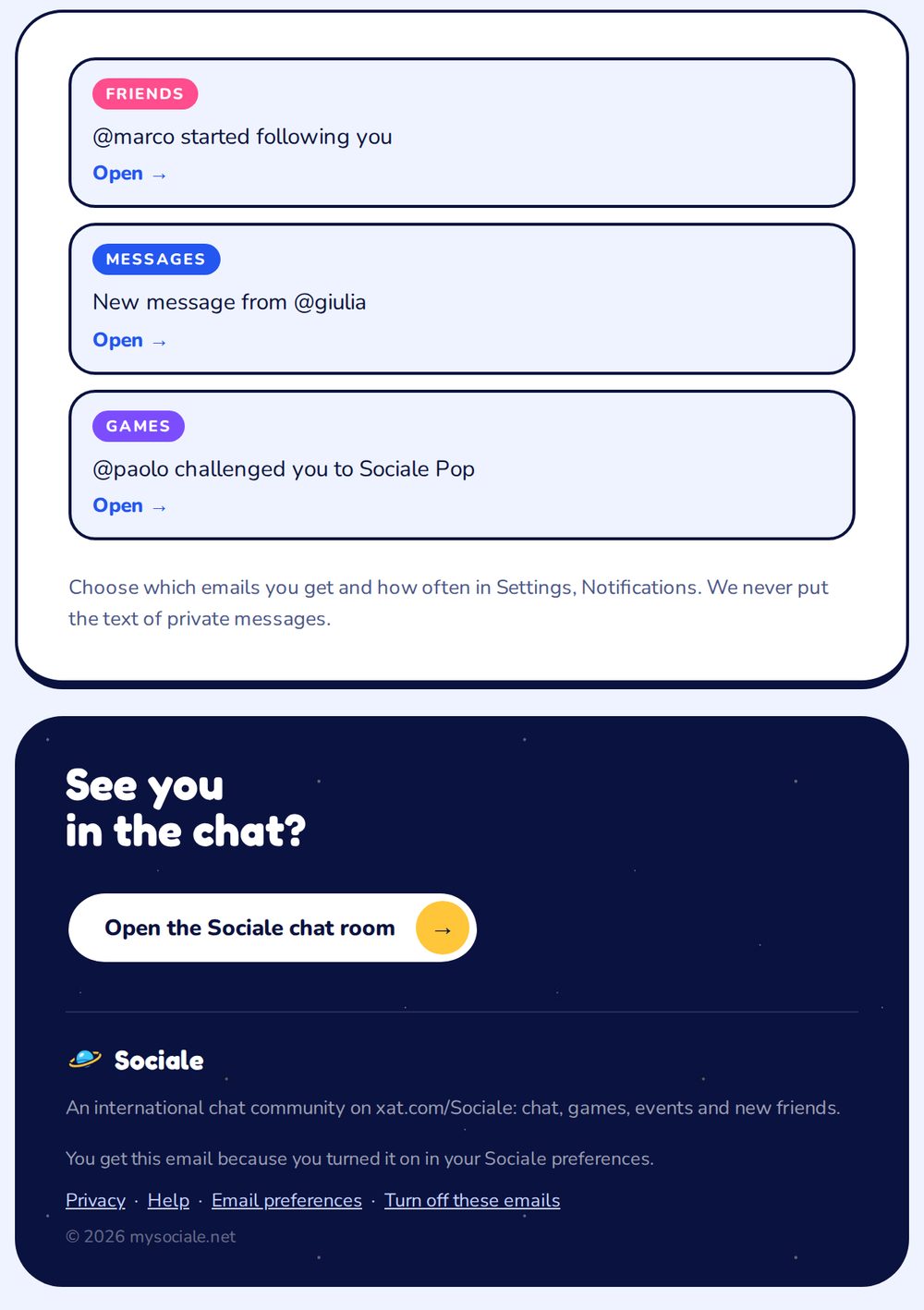 A notification email with the Email preferences and Turn off these emails links at the bottom