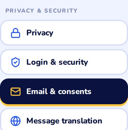 The account menu with Email & consents selected