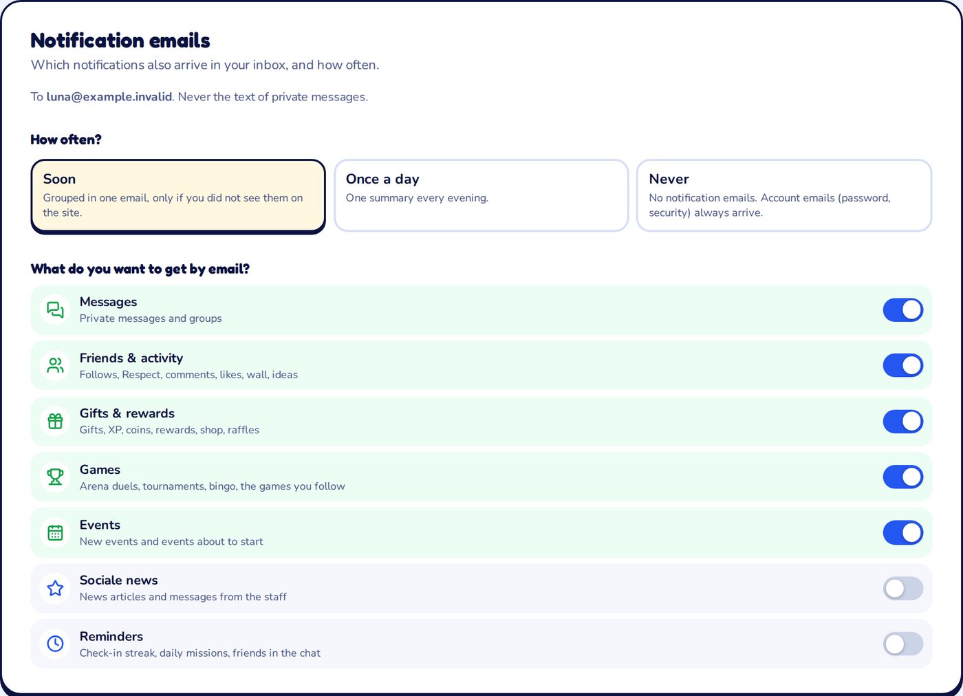The Notification emails panel with the three choices and the categories