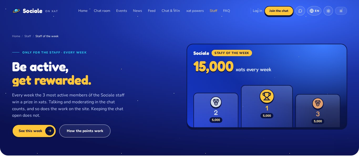 The Staff of the week page: be active, get rewarded. 15,000 xats every week