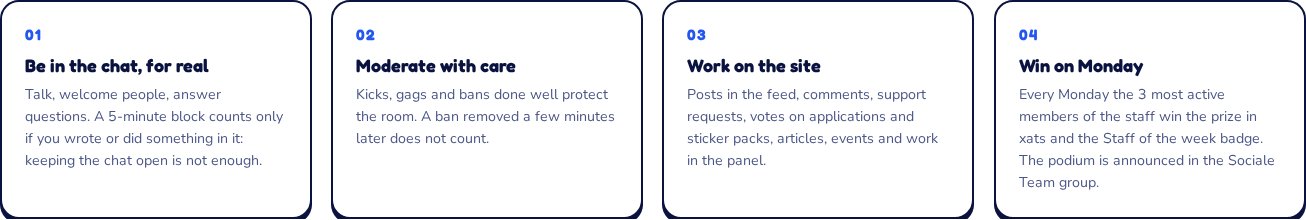 The four steps: be in the chat for real, moderate with care, work on the site, win on Monday