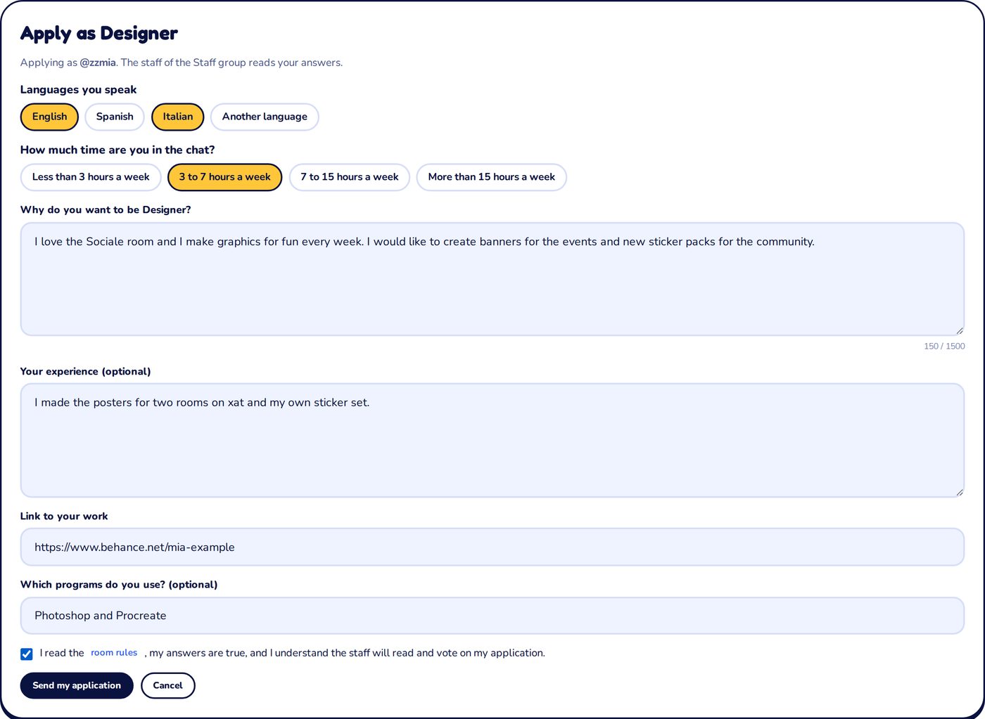 The application form for the Designer role, filled in