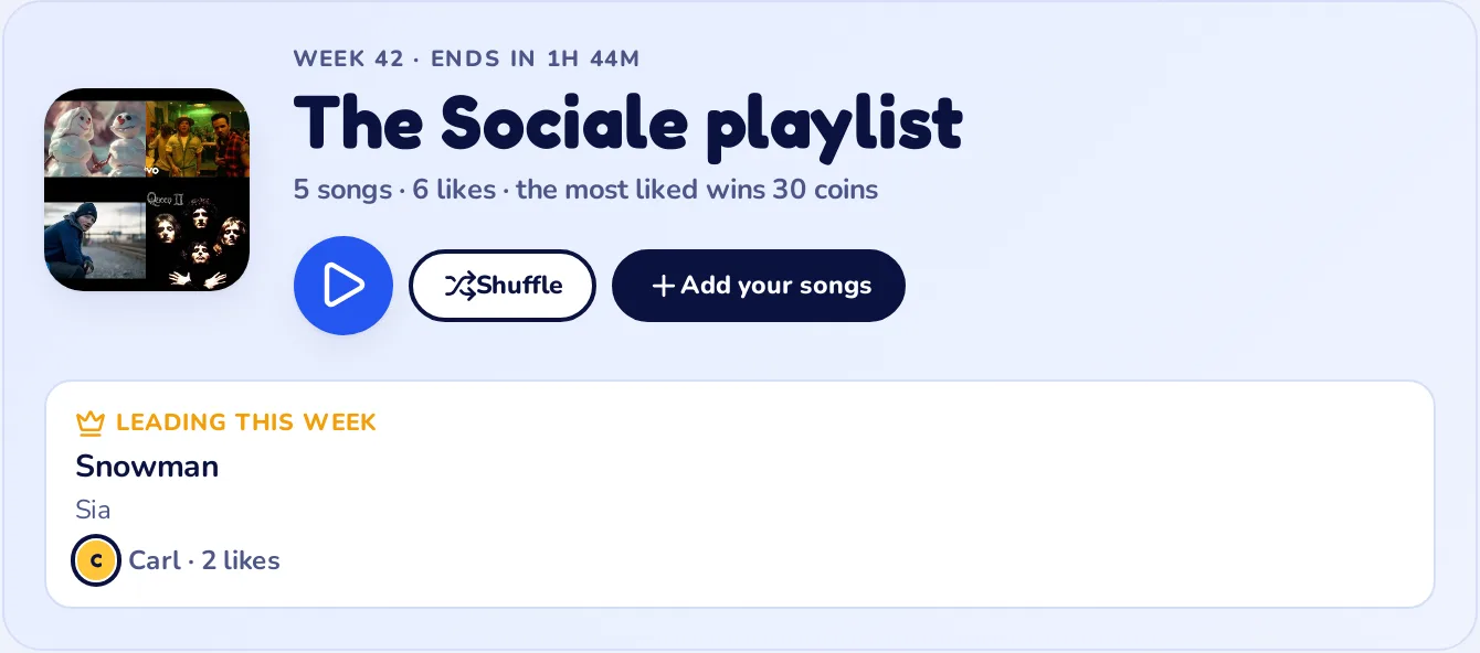 The header of the Sociale playlist with the week, the countdown, Play all, Shuffle, Add your songs and the song leading this week