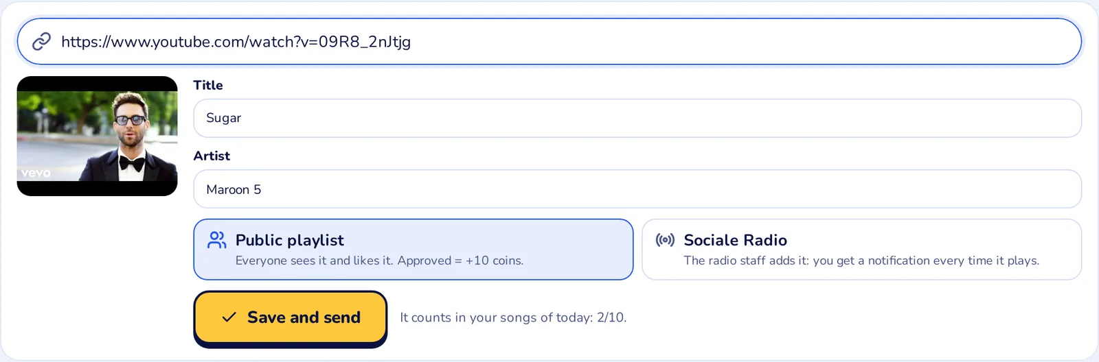 Adding a song: the link pasted, the cover, title and artist filled in, the choices Public playlist and Sociale Radio and the button Save and send