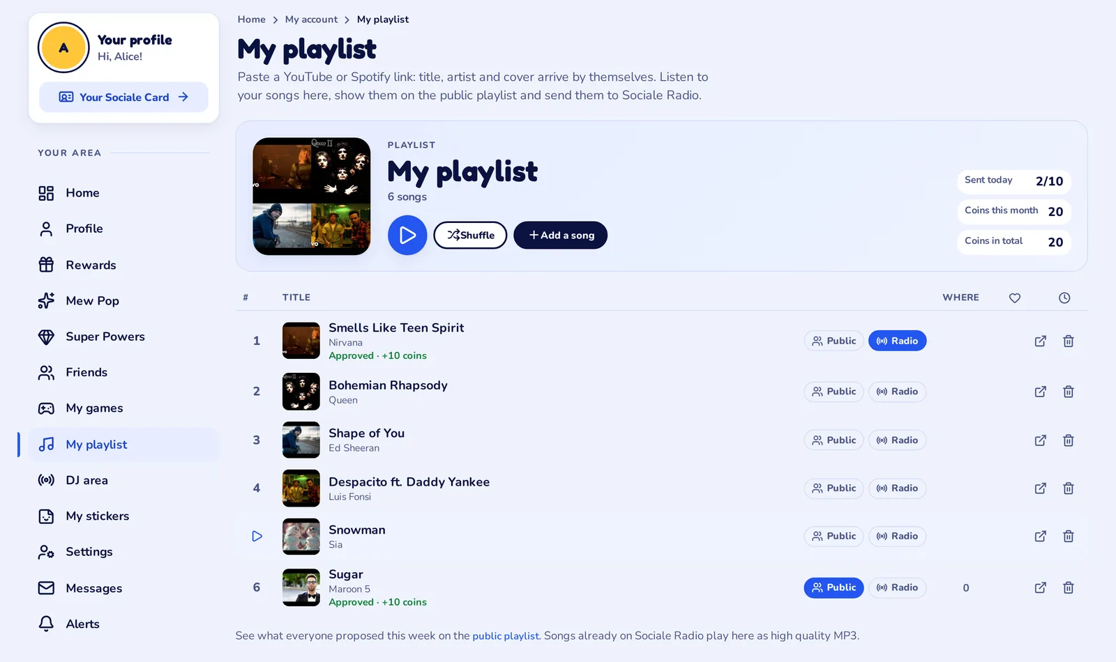 The My playlist page on Sociale