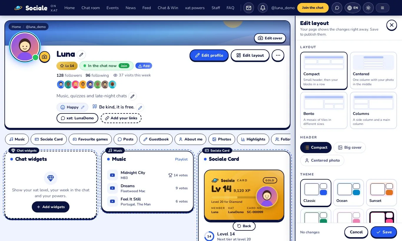 A profile with the Edit layout panel open on the right