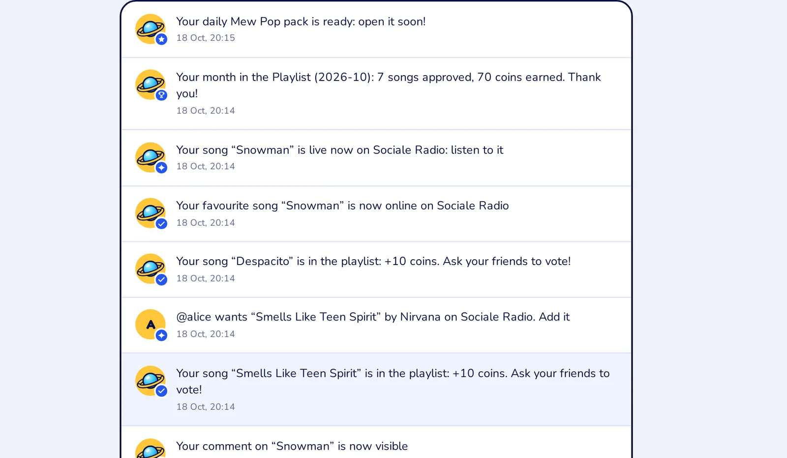 The notifications: month summary, song live on the radio, song online on the radio, song approved with plus 10 coins